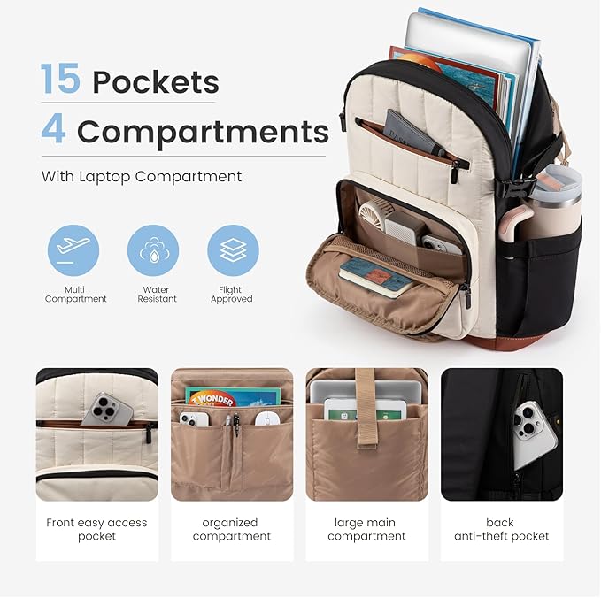 LOVEVOOK Laptop Backpack for Women with Giant Tumbler Holder Pocket,17 Inch Puffer Travel College Work Backpack Purse for Teacher Nurse,Waterproof Laptop Bag Computer Back Pack Daypack,Pink-Black