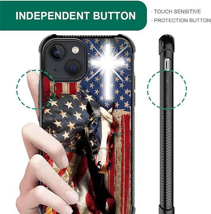 for iPhone 15 Case, Red American Flag Horse Cross Pattern Graphic Design Girl Boy Soft Silicone Hard Acrylic Shock Protection for iPhone 15