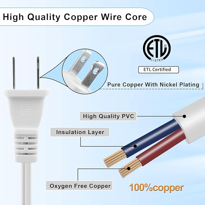 100 FT White Extension Cord,2 Prong Extension Cord 18AWG SPT-2 Flat Cord, Light Duty,Lightweight Design for Yard, Garden and Pool, ETL Listed,White