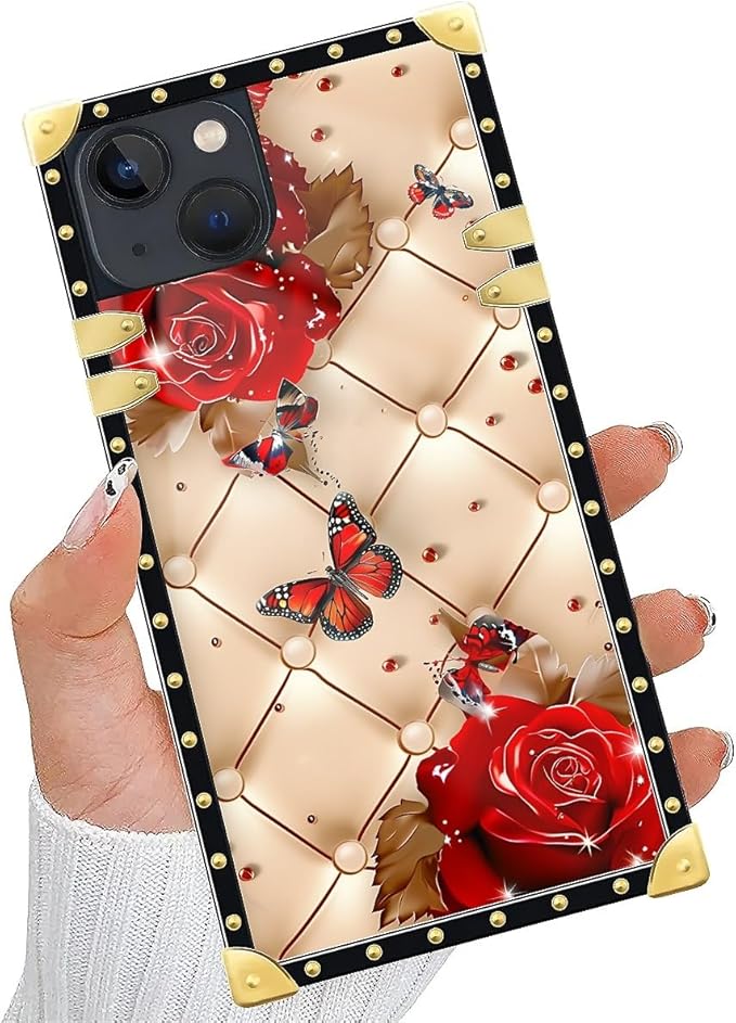 Compatible with iPhone 15 Case, Shining Red Rose Butterfly Leather Background Luxury Golden Decoration for Girl Women Soft TPU Shockproof Protective Hard PC Back for iPhone 15