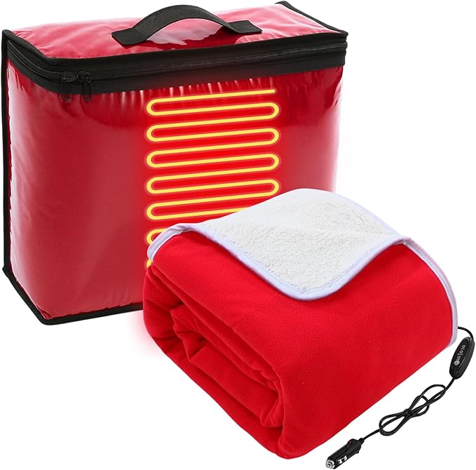 Riakrum 12V Car Heated Blanket for Cold with 2 or 3 Heating Levels 58 x 43 Emergency Winter Adjustable Temperature Electric Blanket Throw Gift Plugs in Car RV Truck SUV(Red,Normal)