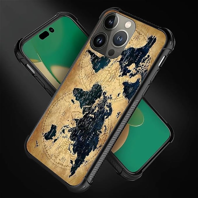 for iPhone 13 Pro Max Case, Brown World Map Pattern Graphic Design Girl Boy Soft Silicone Hard Acrylic Shock Protection for iPhone 13 Pro Max