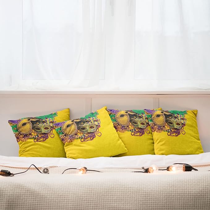 Ambesonne Mardi Gras Decorative Throw Pillow Case Pack of 4, Colorful Group of Venetian Carnivals Accessories, Cushion Cover for Couch Living Room Car, 18", Purple Yellow