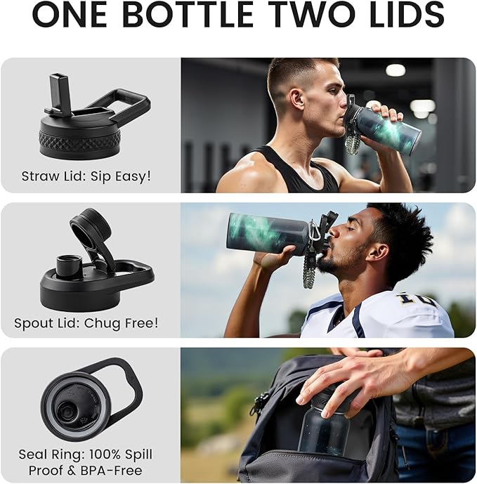 RAYMYLO Insulated Water Bottle 32 oz, Triple Wall Vacuum Stainless Steel (Cold for 24Hrs, Hot for 12Hrs), Leak Proof & Non-BPA, Modern Water Flask Jug with Paracord Handle & Straw Spout Lids
