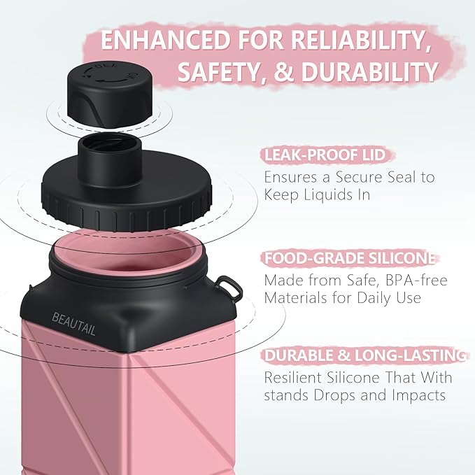 BEAUTAIL Collapsible Water Bottles, Silicone Foldable Water Bottle 610ml, BPA-Free Portable Reusable Leakproof Bottle for Gym Travel Camping Hiking Sports Outdoor, 1 Pack (Pink)