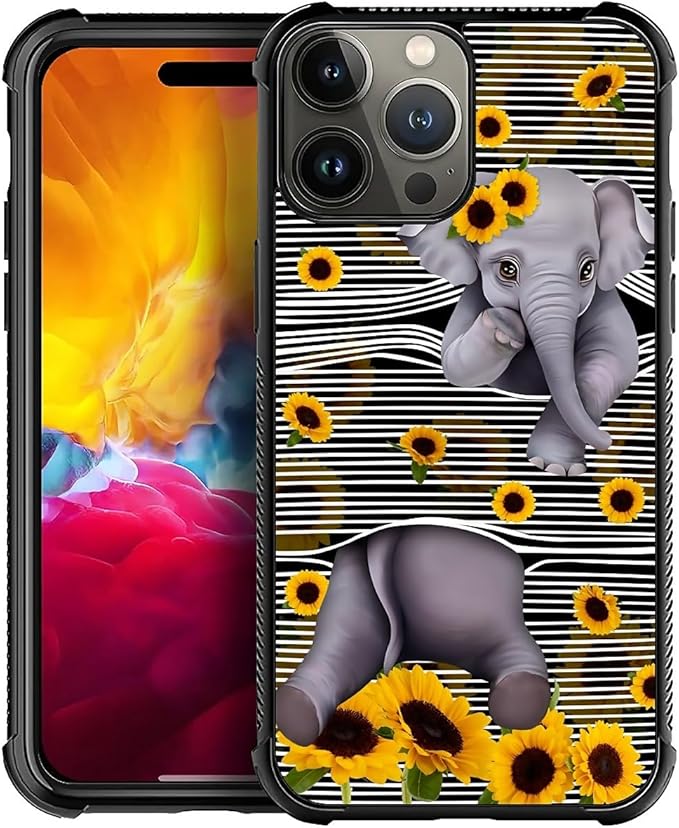 for iPhone 15 Pro Max Case, Cute Little Elephant Sunflower White Line Art Pattern Graphic Design Girl Boy Soft Silicone Hard Acrylic Shock Protection for iPhone 15 Pro Max
