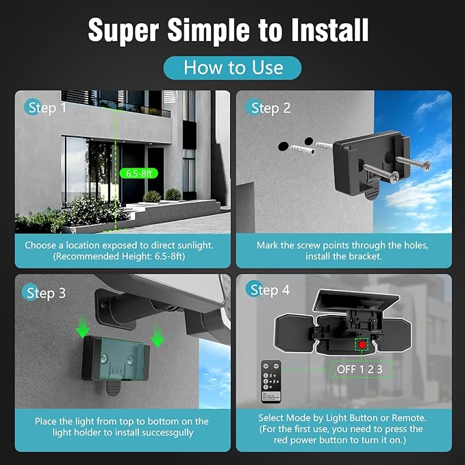 Solar Lights Outdoor Waterproof- 2800LM 200LED Solar Motion Sensor Lights, 3 Heads & 3 Modes Flood Lights, 270° Wide Angle Solar Powered Security Lights for Yard, Garage(1 Pack)