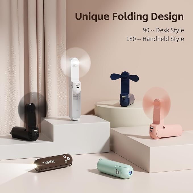 Mini Handheld Fan,USB Rechargeable 3 IN 1 Personal Cooler Fans with Power Bank,LED Flashlight,Small Foldable Portable Pocket Fan-Travel & Emergency Essentials for Outdoor Navy Blue
