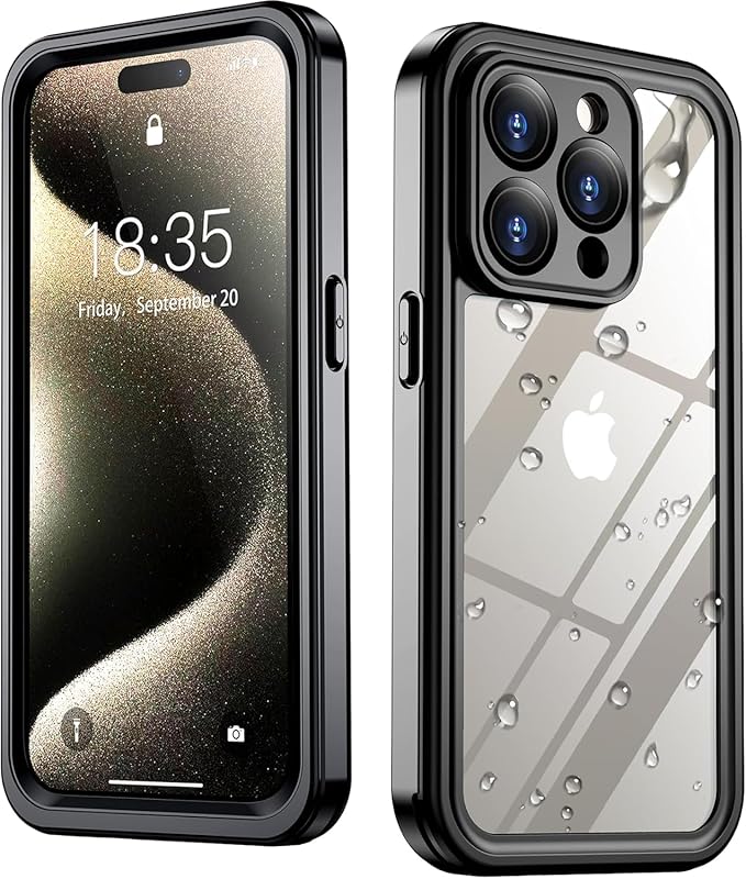 SPIDERCASE ONLY Designed for iPhone 15 Pro Max Waterproof, [Built-in Screen & Camera Protection] [IP68 Underwater]12FT Military Full-body Shockproof Anti-Scratched Rugged Phone Case 6.7”, Black/Clear