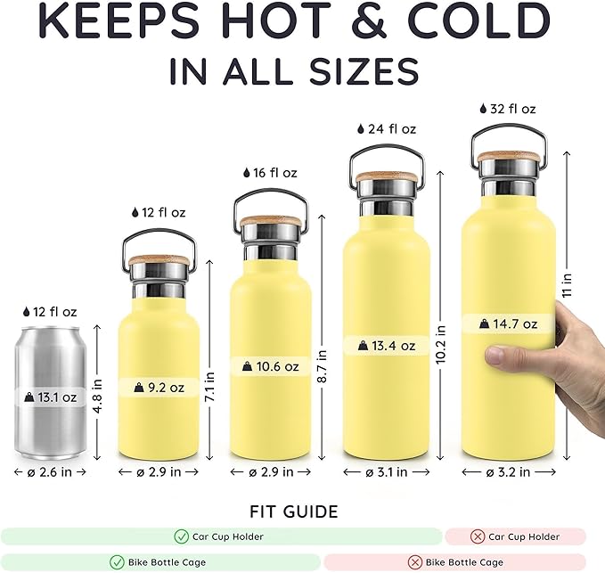 Bambaw 32 oz Stainless Steel Water Bottle, Insulated Metal Water Bottle Made of High-Grade Stainless Steel, Great for Travel, Gym & School, Durable & Reusable (Yellow Beam)