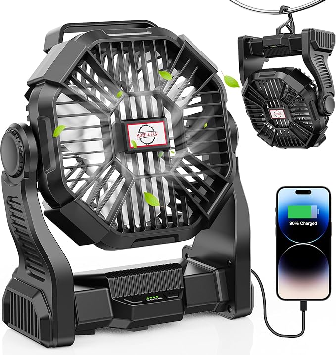 DOWILLDO 20000mAh Portable Battery Powered Camping Fan - with LED Light, Quiet Battery Operated, Camping Gear for Travel, Tent, Beach, Car or Hurricane Power Outages, Black