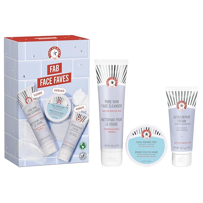 First Aid Beauty Face Faves Kit - Skin Care Gift Set with Facial Cleanser, Exfoliating Face Pads & Ultra Repair Cream - Travel Friendly Skincare Set