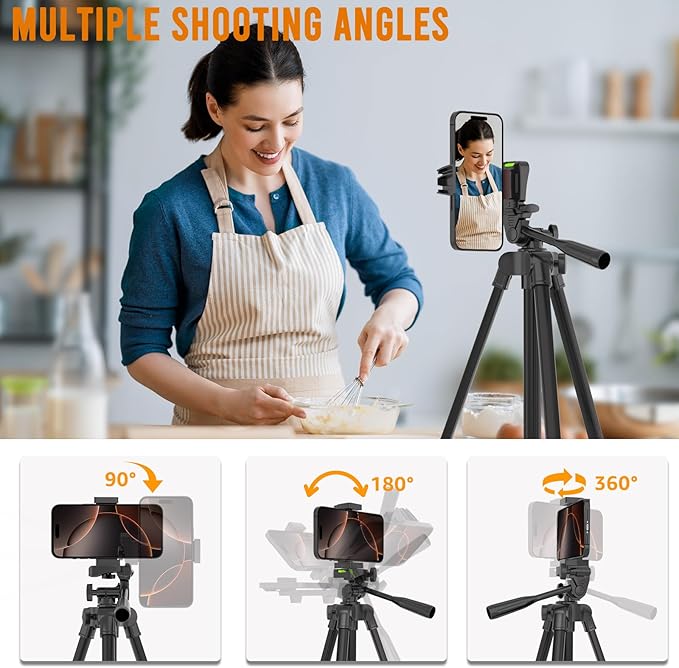 Luswemi 53'' Phone & Camera Mount Tripod Stand with Remote and Holder, Portable Cellphone Tripod Compatible with iPhone 16 Pro Max/15 Pro/Samsung/DJI/GoPro