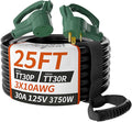 PlugSaf 25 FT 30 Amp RV Extension Cord Outdoor, Flexible Heavy Duty 10/3 Gauge STW RV Power Cord Waterproof with Cable Organizer, NEMA TT-30P to TT-30R, Black-Green, ETL Listed