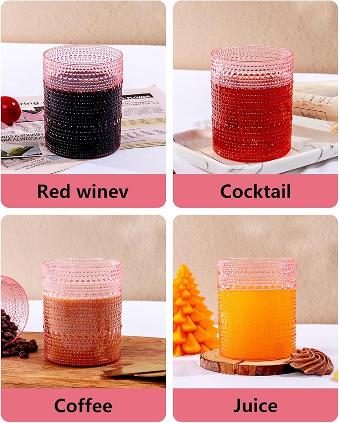 YOUBET 24PCS Plastic Drinking Glasses - 14OZ Pink Hobnail Drinkware Glasses - Vintage Glassware Textured Beaded Cups for Water, Beer, Whiskey, Juice and Various Mixed Drinks Mothers Day