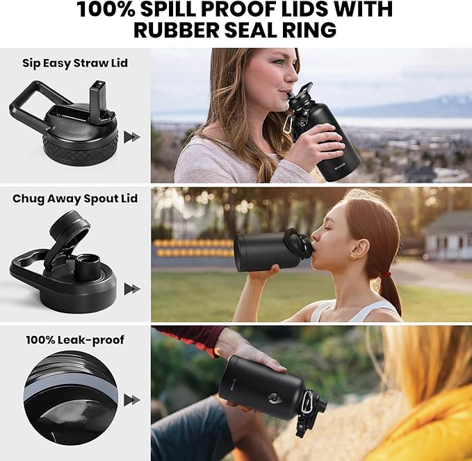 RAYMYLO Insulated Water Bottle 64 oz, Triple Wall Vacuum Stainless Steel (Cold for 48 Hrs), Leak Proof & Non-BPA, Half Gallon Water Flask Jug with Paracord Handle & Straw Spout Lids, Magic Black