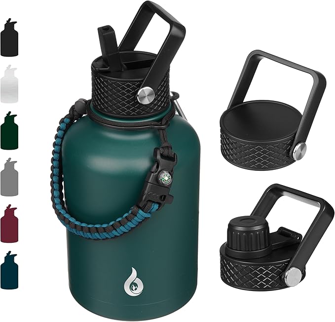 BJPKPK Insulated Water Bottles with Straw Lid, 50oz Large Water Jug, Stainless Steel Vacuum Bottles, Hot & Cold Thermo with 3 Lids and Paracord Handle,Army Green