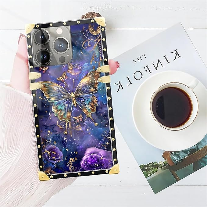Compatible with iPhone 15 Pro Max Case, Glistening Golden Butterfly Vibrant Purple Blue Luxury Golden Decoration for Girl Women Soft TPU Shockproof Protective Hard PC Back
