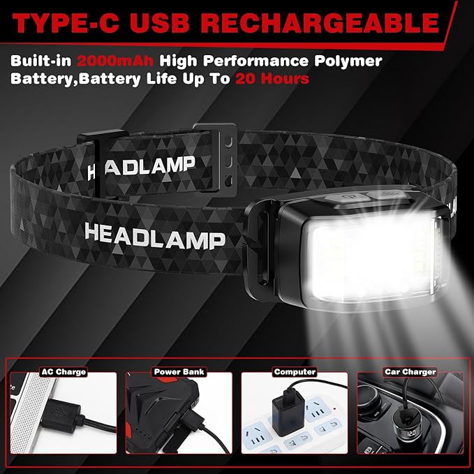 Headlamp Rechargeable,2 Pack 2000 Lumen Super Bright Led Headlamp,16 Modes Motion Sensor Head Lamp,Ipx6 Waterproof Lightweight Headlight,White Red Flashlight For Fishing Camping Hunting Essentials