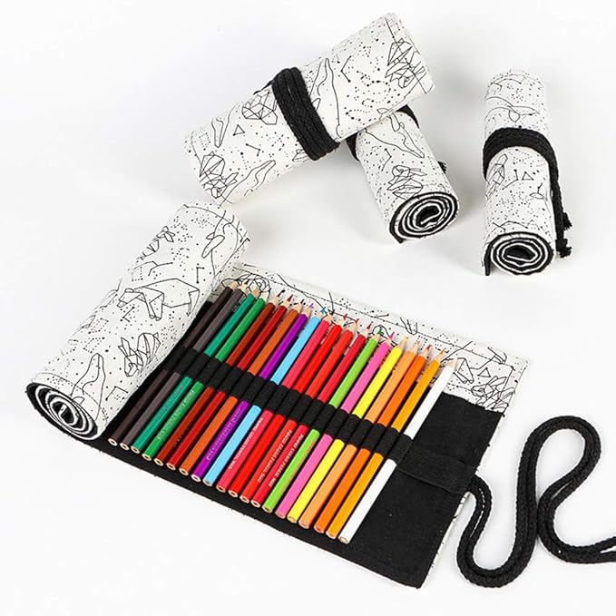 Funny live 24/36/48/72 Slots Colored Pencil Wrap Roll up Pen Holder Case Drawing Coloring Pencil Roll Organizer Stationery Case for Student Artist Traveler (Abstract Lines, 72 Slots)