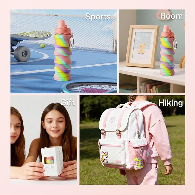 Collapsible Water Bottles for Travel, Foldable Sports Water Bottle for Kids, Reusable Water-proof Silicone Water Bottles with mountaineering Buckle for Camping Hiking Holiday
