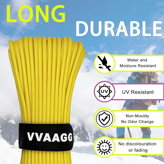 VVAAGG 1000 Paracord Rope 200FT, 4mm Utility Parachute Cord 12 Strand Nylon Rope for Camping, Tent, Clothsline, Outdoor Hiking, Fishing (Yellow, 200FT)