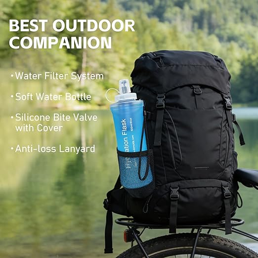 AXEN Collapsible Water Bottle with Filter System, Soft Hydration Flask for Trail Running, Camping, Hiking, Cycling, 500ml Blue