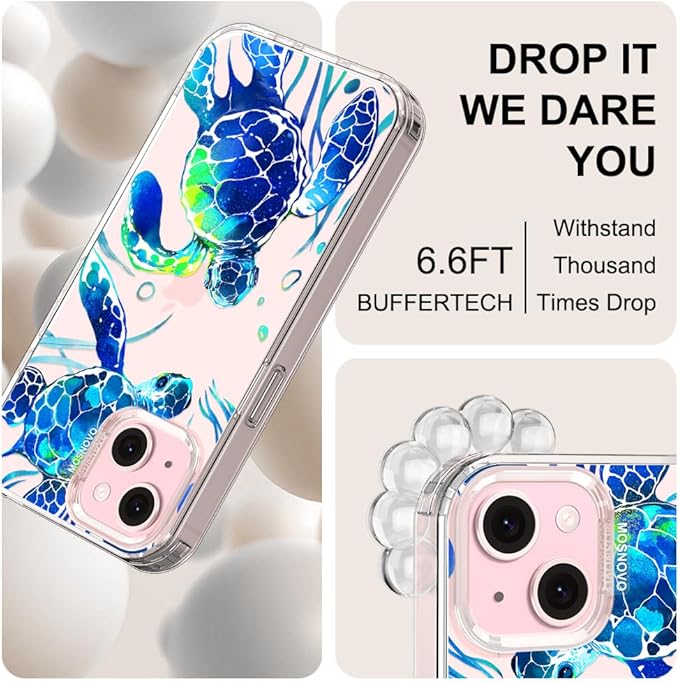 MOSNOVO Case for iPhone 15 Plus/iPhone 14 Plus, [Buffertech 6.6ft Military-Grade Drop Protection] [Anti Peel Off Tech] Clear TPU Bumper Phone Case Cover Design - Sea Turtles