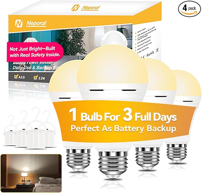 Neporal LITE PRO Rechargeable Light Bulbs, 2600mAh Large Battery Backup Light Bulbs, Perfect As Emergency Lights for Home, Hurricane Prepareness Item, E26/E27 (Soft White-2600mAh)
