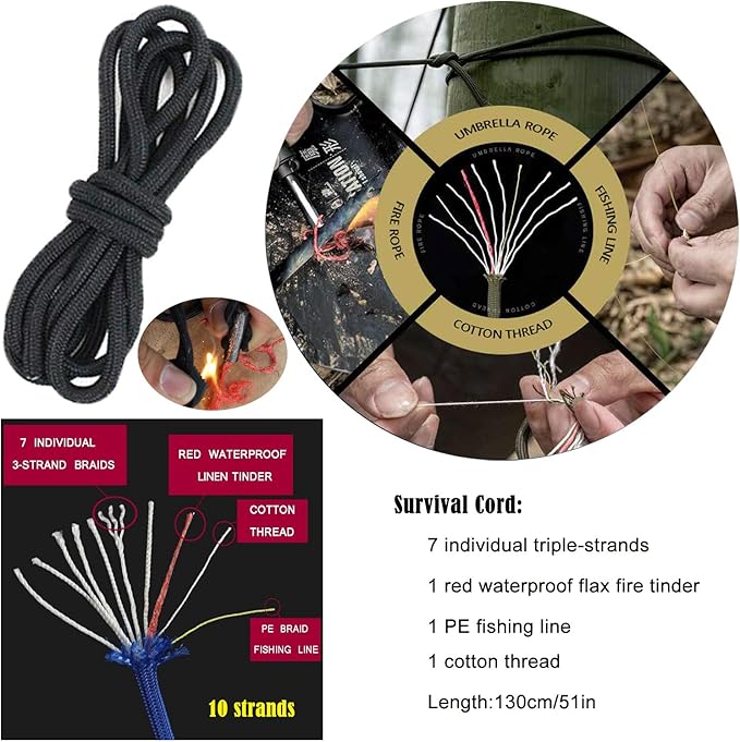 BSGB Fire Starter Paracord Necklace EDC Military Survival Gear Tinder Cord Fire Steel and Striker Kit Magnesium Ferro Rod Tool Fishing Tools for Emergency Outdoor Hiking Camping Hunting