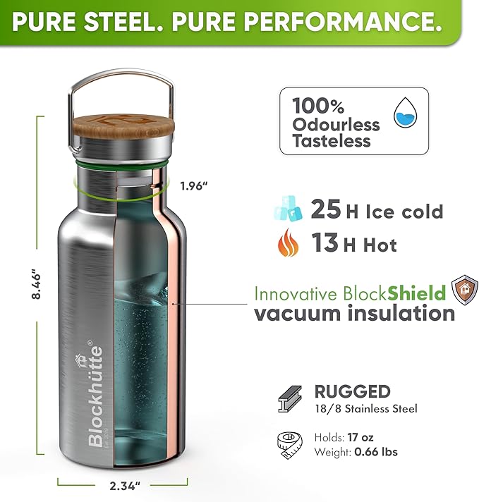 Blockhütte Vacuum Insulated Stainless Steel Water Bottle - 17 oz I Wide Mouth Metal Bottle for hot and cold drinks I BPA-Free I perfect for Travel, School I Kids, Adults, Water Canteen, Sports, flask