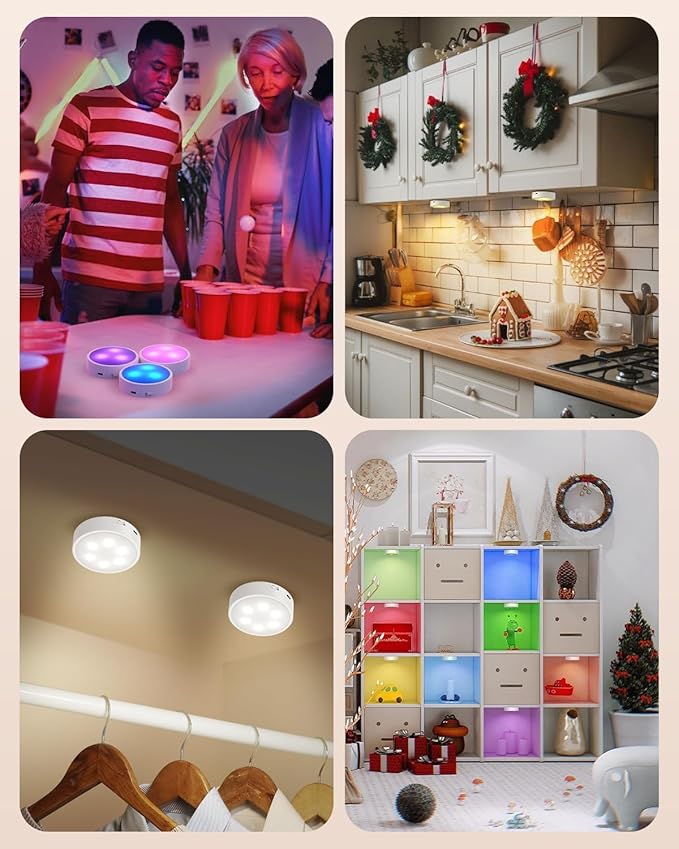 GOODEA.fun Puck Lights with Remote, 13 RGB Colors LED Under Cabinet Lights, Rechargeable Baterry Operated Under Cabinet Lighting Tap Lights, Stick on Lights with Dimmer and Timer（3 Pack）