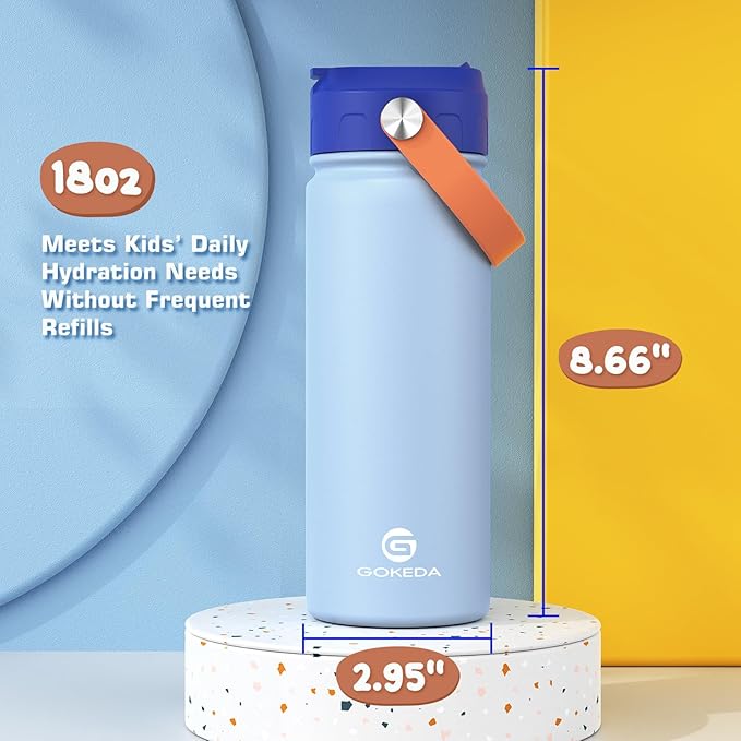 18oz Kids Water Bottle, Insulated Water Bottles with Stickers, 18/8 Stainless Steel Vacuum Leak Proof Straw Cup for School, Gifts for Boys Girls(Orange,Blue)