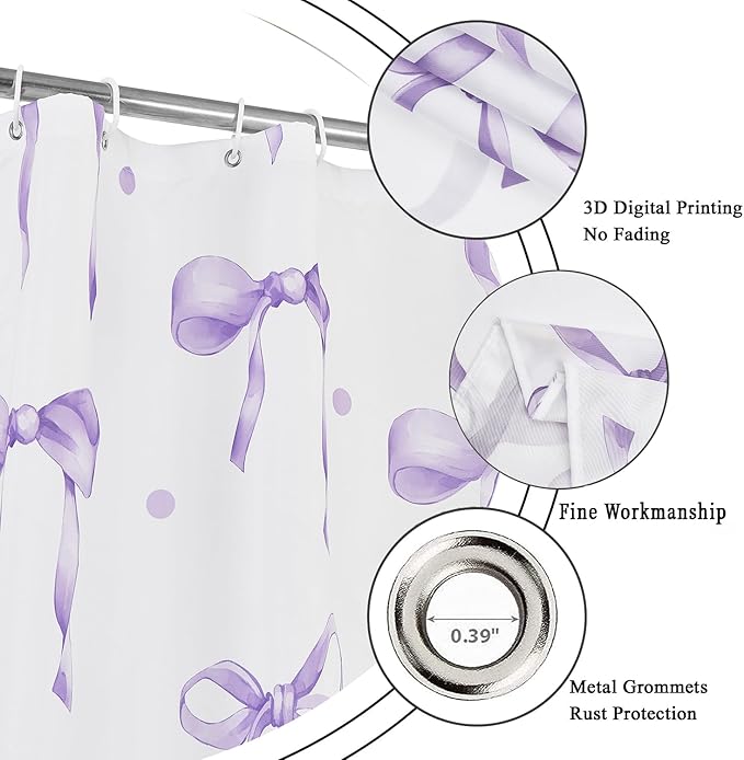 Purple Bow Shower Curtain, Lavender Modern Aesthetic Bowknot with Polka Dot Cute Girly Bathroom Curtain Waterproof Fabric Machine Washable with Hooks, 72" Wx84 L