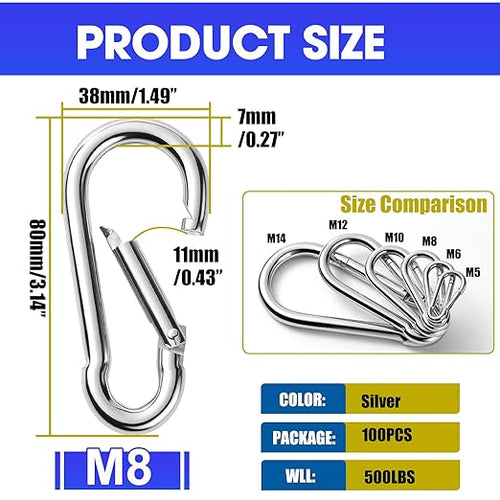 100Pack Heavy Duty Carabiner Clips, M8 5/16" Spring Snap Hooks 3Inch Zinc-Galvanized Steel Chain Clips Quick Links Safety Connector for Hammock Swing Fitness Gym Outdoor Supplies Boating