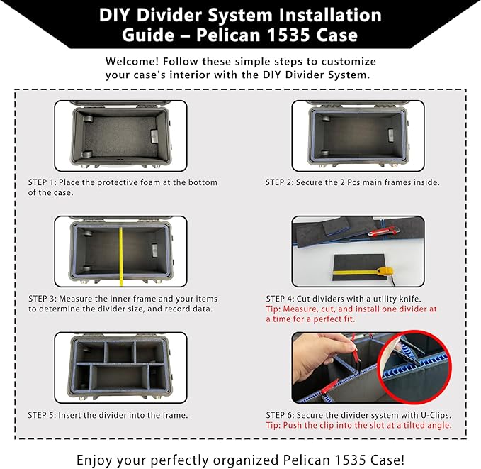 LAFENLIN UPGRADE DIY Divider System for Pelican 1535 Case, Customizable Organizer with U-Clips & Red Pull Tabs, Secure Foam Inserts for Tools, Camera, Medical, Tactical Gear (Case NOT Included)
