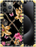 Compatible with iPhone 16 Pro Case, Pink Golden Chain Tropical Flower Luxury Golden Decoration for Girl Women Soft TPU Shockproof Protective Hard PC Back