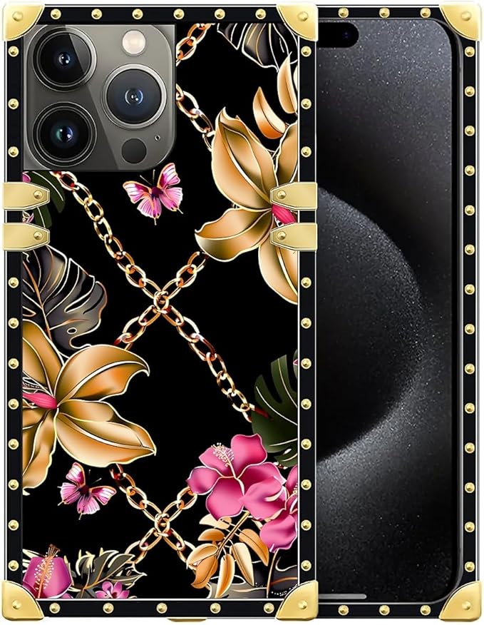 Compatible with iPhone 16 Pro Case, Pink Golden Chain Tropical Flower Luxury Golden Decoration for Girl Women Soft TPU Shockproof Protective Hard PC Back