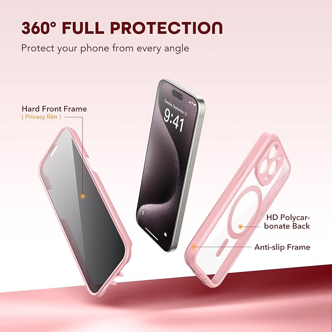 TIESZEN for iPhone 15 Pro Max Case, Compatible with MagSafe, Built-in Privacy Screen Protector and Camera Protection, Anti Spy Full Body Dustproof Shockproof Hard Phone Case 6.7",Pink