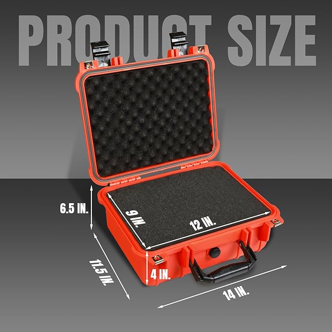 Jack Boss 14x 11.5x 6.5 Inch Hard Case, Portable Weather Waterproof Protective Camera Case with Customizable Foam, Fit Use of Drones, Camera, Equipments, Orange
