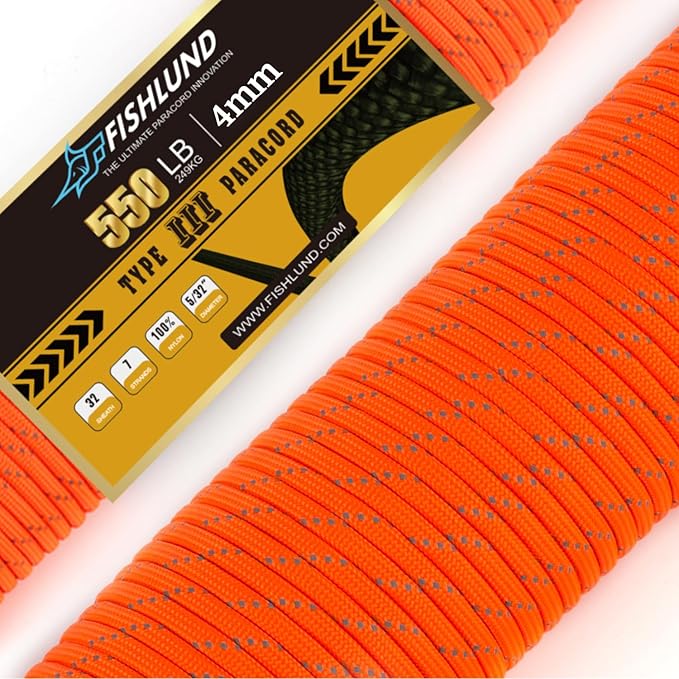 Reflective Paracord 550 lb, 7 Strand Paracord Rope 100ft 4mm, Nylon Parachute Cord for Camping, Neon Orange