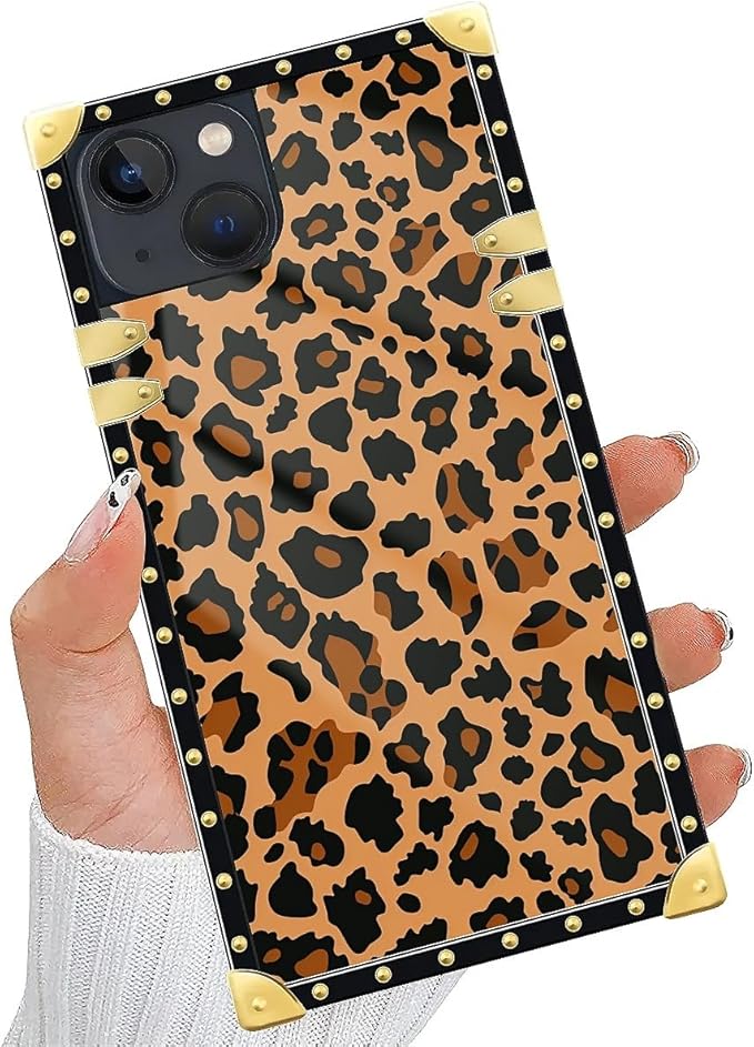 Compatible with iPhone 15 Case, Brown Leopard Texture Luxury Golden Decoration for Girl Women Soft TPU Shockproof Protective Hard PC Back for iPhone 15