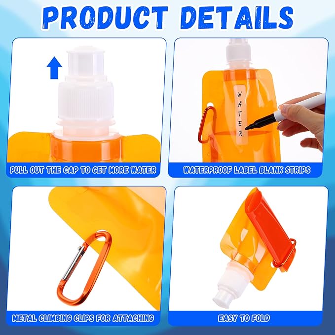 Teenyyou 48 Pack Collapsible Water Bottles Bulk 16oz Foldable Water Bottles with Carabiner Reusable Drinking Leak Proof Container Bags for Sport Biking Hiking Camping Travel Outdoor (Multiple Colors)
