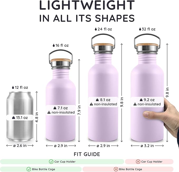 Bambaw Stainless Steel Water Bottle, Purple Water Bottle, 1 Litre Non-Insulated Stainless Steel Bottle, 1 Litre Sports Bottle, BPA-Free Bottle, Reusable Bottle – Light Lilac