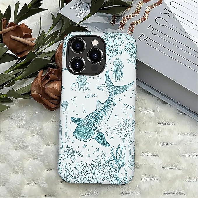 for iPhone 16 Pro Case,HH2 Ocean Whale Shark Hybrid 2 Layer Hard Shell Silicone Protective Pattern Design Case