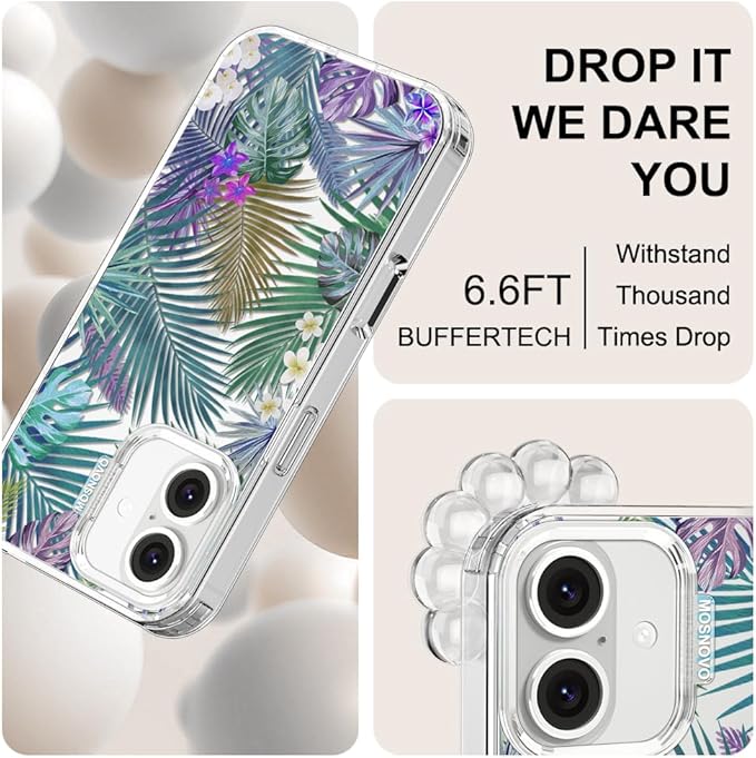 MOSNOVO Case for iPhone 16, [Buffertech 6.6ft Military-Grade Drop Protection] [Anti Peel Off Tech] Clear TPU Bumper Phone Case Cover Design - Tropical Rainforests