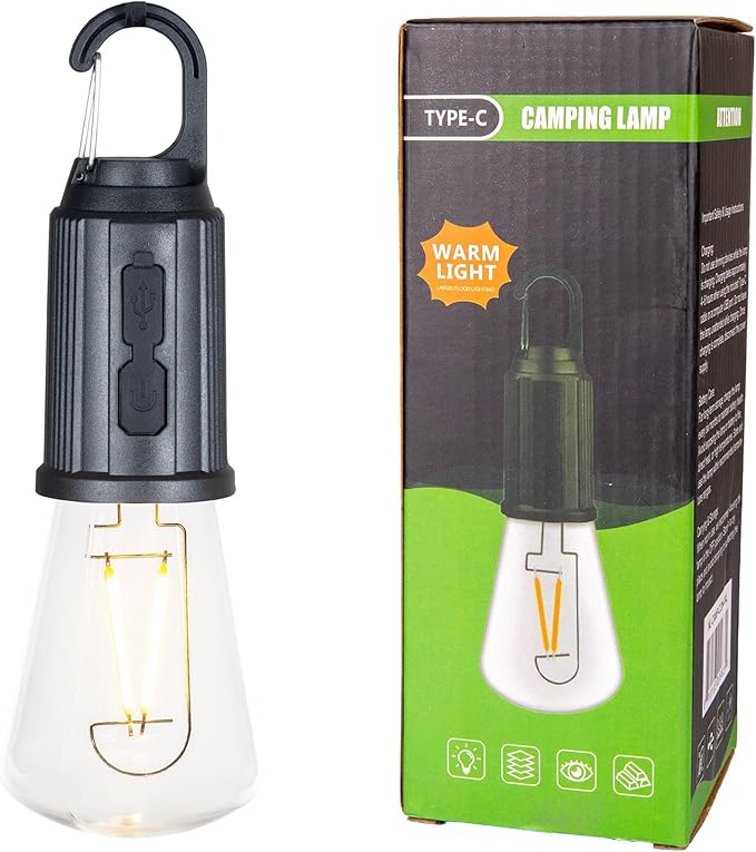 Rechargeable Camp Light, Warm White LED Conical Bulb, Battery Powered with USB-C, Shatterproof Globe on Carabiner, 3 Brightness Levels