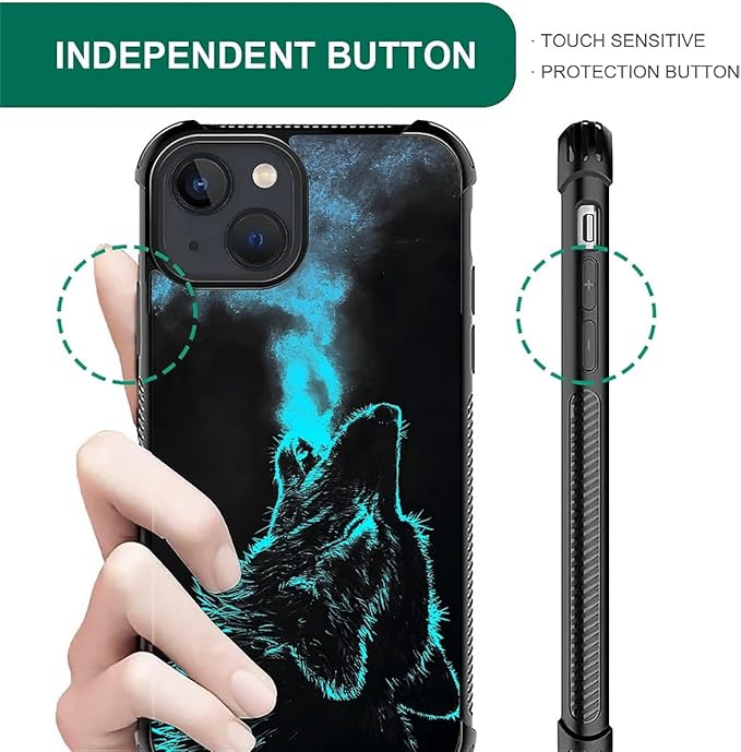 for iPhone 15 Case, Blue Breathing Wolf Pattern Graphic Design Girl Boy Soft Silicone Hard Acrylic Shock Protection for iPhone 15