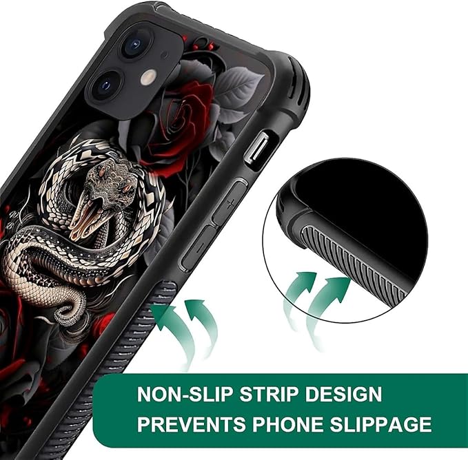 for iPhone 11 Case, Entwined Rose Snake Pattern Graphic Design Girl Boy Soft Silicone Hard Acrylic Shock Protection for iPhone 11