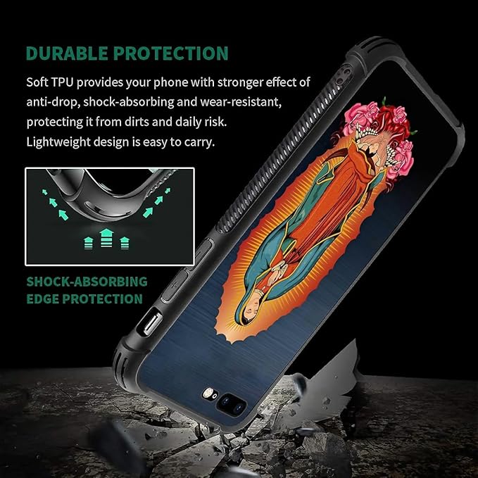 Case for iPhone 7 Plus/8 Plus, Red Virgen Guadalupe Pattern, Soft Silicone Hard Acrylic for Shock Protection